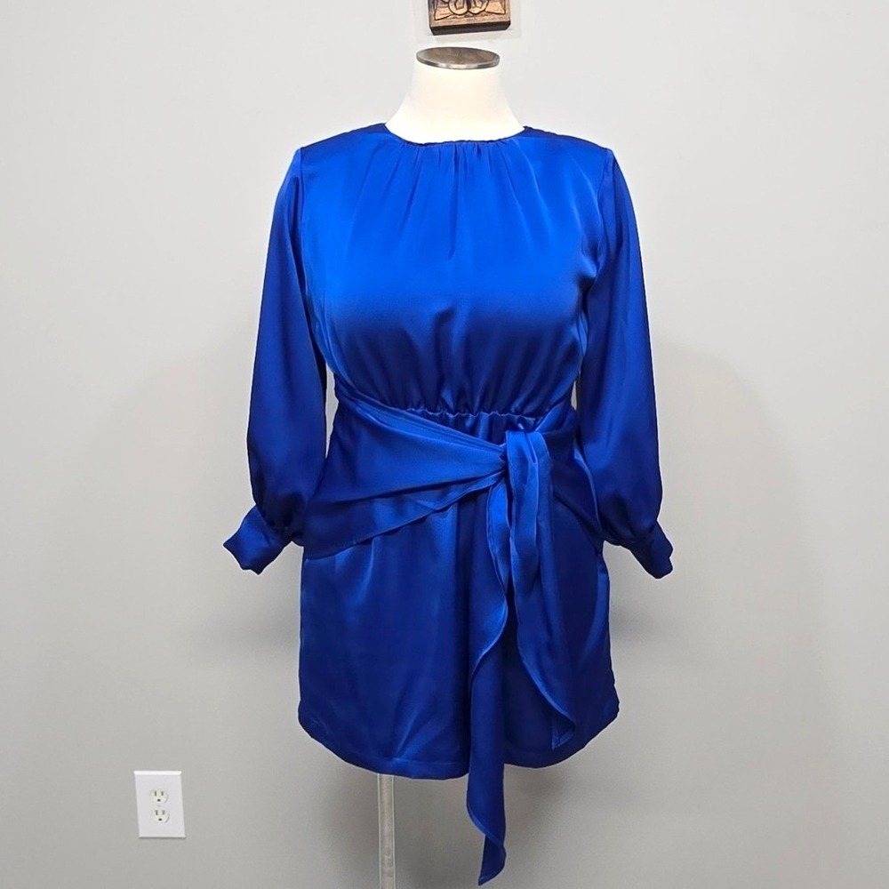 Eloquii Strong Shoulder Mini Dress 14 Cobalt Blue Satin Tie Waist Balloon Sleeve